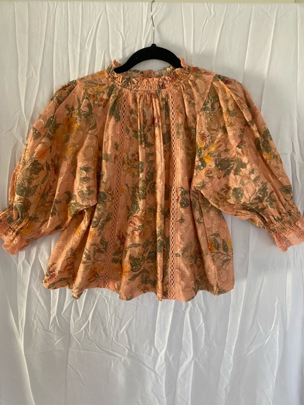Pilcro Peach Floral Lace-Trim Puff Sleeve Blouse